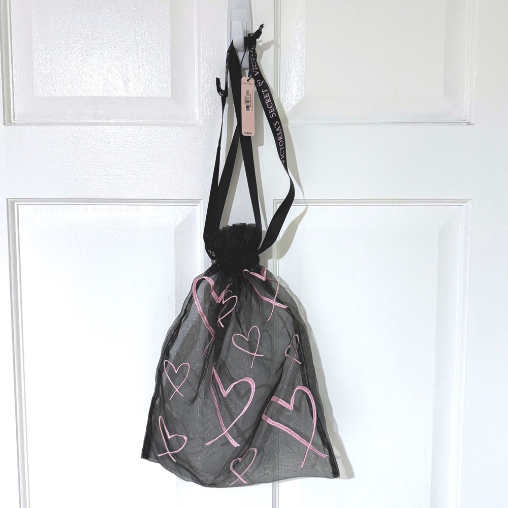 Victoria's Secret Black Sheer Mesh Pink Heart Drawstring Gift Bag NWT